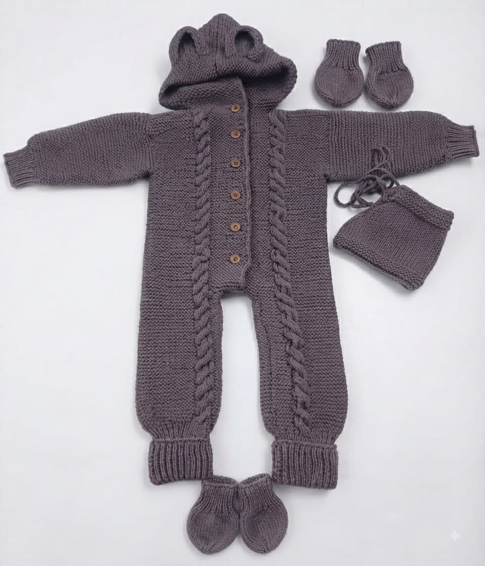 Hand-Knitted Baby Hooded Romper Set with Mittens & Booties